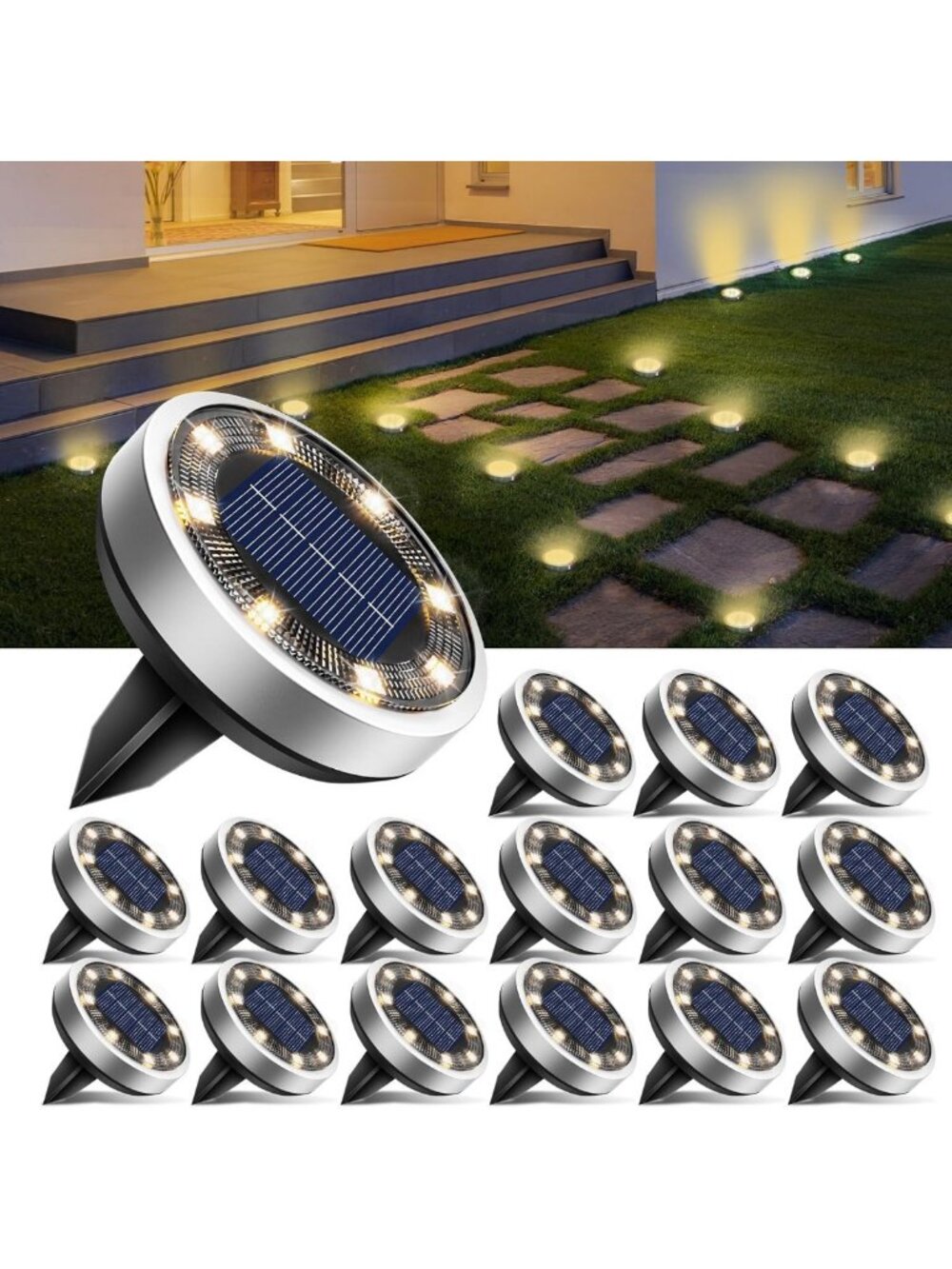 btfarm 16 Pack Solar Lights Outdoor Waterproof, 8 LED Solar Ground Lights